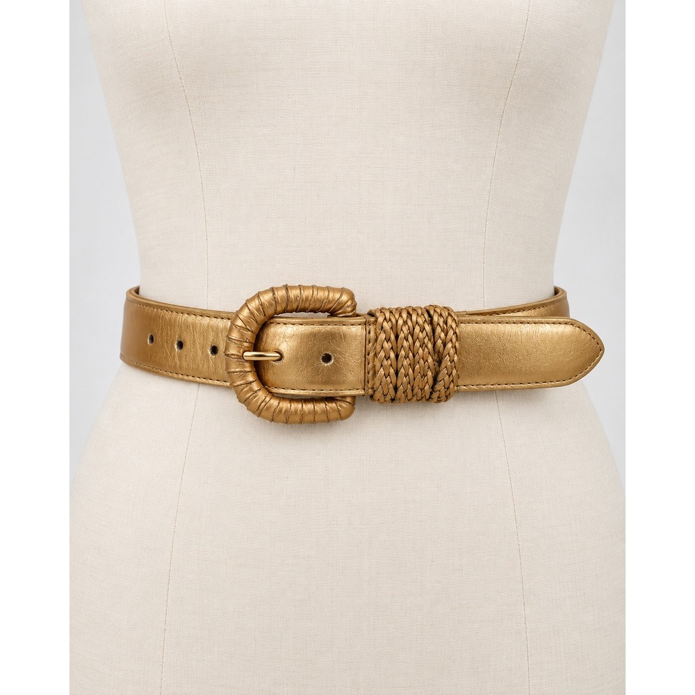 Ritz Size M Gold Leather Belt Braided Wrapped Buckle Boho Western 80s Style